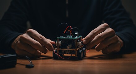 Assembling Small Robot Vehicle on Table with Electronic Components