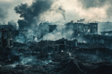 Fototapeta premium Destroyed city ruins with smoke in air from conflict