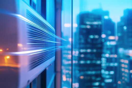 Split air conditioner on wall with airflow visual in living room