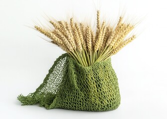 A Beautiful Arrangement of Golden Wheat Stems in a Green Crochet Bag, Perfect for a Natural and Rustic Home Decoration Emphasizing Agriculture and Nature's Bounty