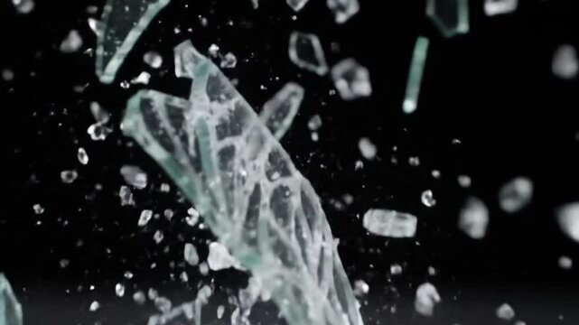 Slow motion splintering glass pieces floating against a dark black background  p3