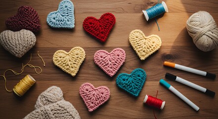 Colorful Crochet Hearts on Wooden Surface with Yarn and Markers