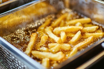 Frying French fries in deep fryer kitchen