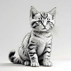 A black and white drawing of a kitten sitting on a white background. 