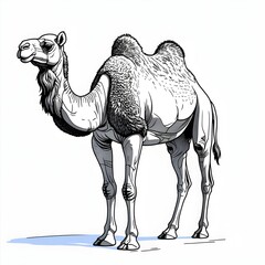 A camel is standing in the desert. 