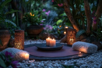 Serene Outdoor Spa-like Sanctuary with Soft Glow of Candles and Lush Tropical Vegetation Surrounding a Tranquil Meditation Space