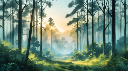 Sunrise in the forest. A forest with trees and a sun shining through the trees. 