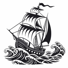 Vintage black and white sailing ship in stormy seas