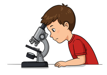 Cartoon Boy Examining Specimen Under Microscope in Science Lab