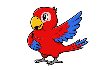 Fototapeta premium Cartoon Parrot with Red Feathers and Blue Wing Details