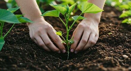 Hands Planting Young Seedling in Garden Soil Close Up View