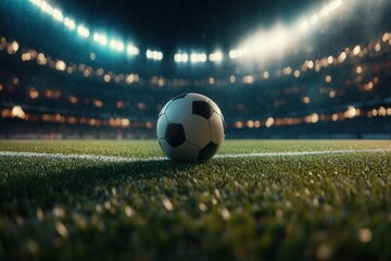 A close-up view of a black-and-white soccer ball resting on a lush green pitch, illuminated by stadium lights during a night sporting event.
