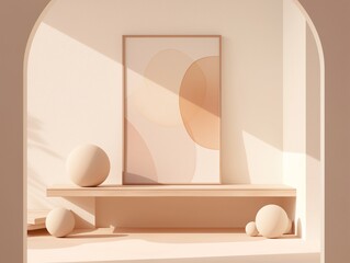 Minimalist background with a painting on a white table, a mockup template 