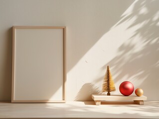 Minimalist background with a painting on a white table, a mockup template 