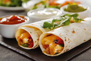Cheesy tortilla wrap, filled with vegetables, meat, and sauce, served with dips, delicious and appetizing