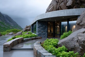 This architectural marvel harmoniously integrates with natural rock formations, showcasing an innovative design that highlights textures and forms, offering a serene escape in nature.