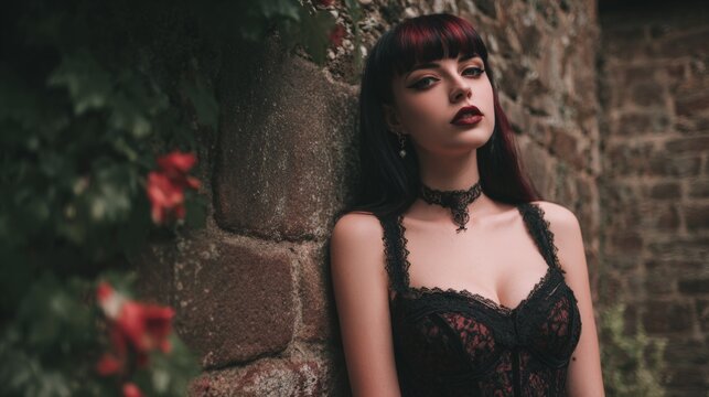 Young caucasian female with gothic style in lace dress by stone wall