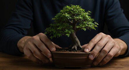 Holding Small Bonsai Tree in Brown Pot on Wooden Tabletop