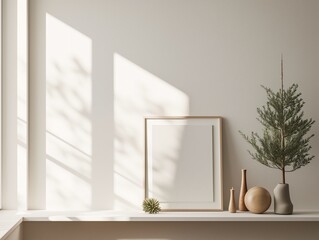 Minimalist background with a painting on a white table, a mockup template 