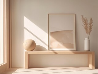 Minimalist background with a painting on a white table, a mockup template 
