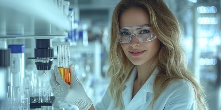 Scientist works in a modern lab, handling colorful test tubes with precision. Surrounded by advanced equipment like microscopes and digital monitors, the environment is clean and cutting-edge