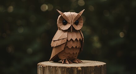 Origami Owl Standing on Wood Log with Bokeh Forest Background