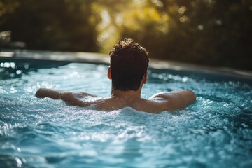 Man Relaxing in Outdoor Swimming Pool