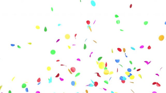 Confetti Explosion Multi-color on White Background, Alpha Channel 3d Animation. Bright Colors Confetti Particles Falling Isolated Illustration. Rainbow Circles Flowing Celebration Design Element 4k.