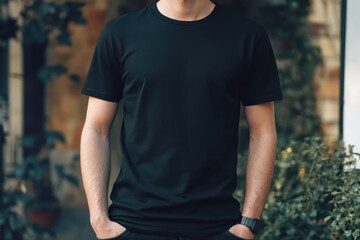 Man in Blank Black T-shirt for Clothing Mockup
