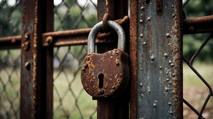 Rusty Padlock on a Rusted Metal Gate A Close-Up Photograph of Time and Decay