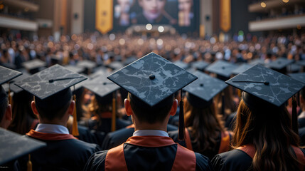 A captivating image of a group of university graduates from behind, showcasing the iconic graduation caps in a bustling graduation ceremony setting, crowded, caps, print media