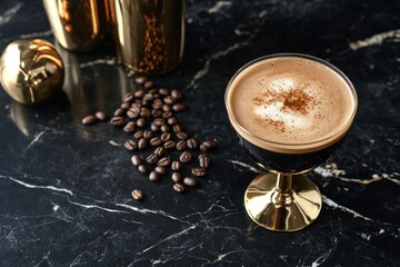 Espresso martini cocktail on black marble surface