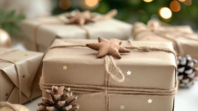 A close-up captures a group of gift-wrapped packages, adorned with rustic twine strings and star decorations. Pine cones and bulbs complete the cozy winter aesthetic.