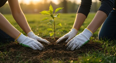 People Planting Young Tree Sapling in Soil at Golden Hour