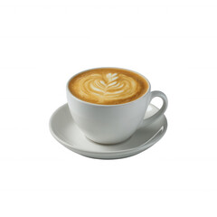Obraz premium Delicious coffee latte with beautiful foam art in a white cup on a saucer, isolated on a white background.