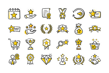 Fototapeta premium Hand-Drawn Star and Award Icon Set – Badges, Medals, Ratings, and Recognition Symbols