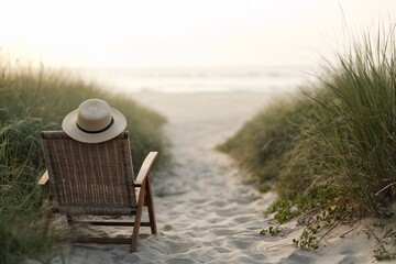 Fototapeta premium Wicker chair with straw hat facing beach at sunrise