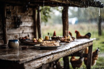 Rustic table with bread and fruit in rain near farmhouse