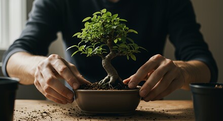 Person Repotting Bonsai Tree in Ceramic Pot on Wooden Table