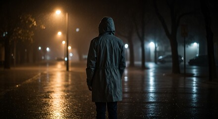 Person Standing in Rain on Empty City Street at Night