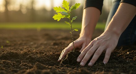 Planting a Young Tree Sprout in Fertile Soil by Hand
