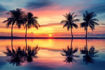 Fototapeta premium Serene Beach Sunset with Silhouetted Palm Trees Reflection
