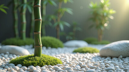 Tranquil outdoor space with bamboo stalks, and scattered rocks.