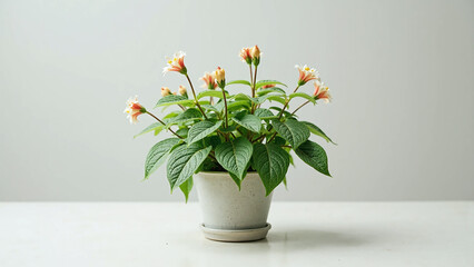 Small potted flowering plant with vibrant green leaves and delicate blooms.