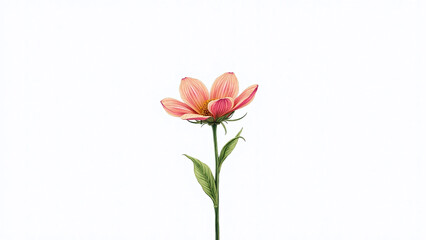 Obraz premium A single pink flower with green leaves isolated on a white background.