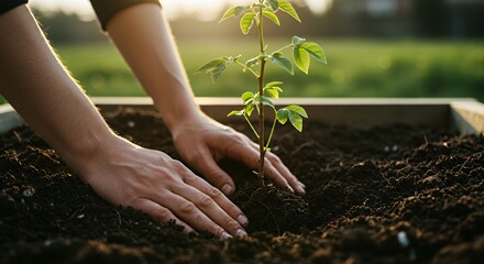 Planting Seedling in Soil Human Hands Gardening in Backyard