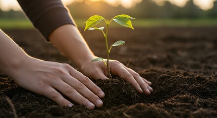 Planting Seedling in Soil with Human Hands at Sunset