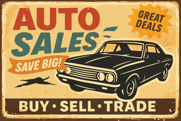 Car sales retro sign – vintage garage advertisement with classic car and price tag vector illustration