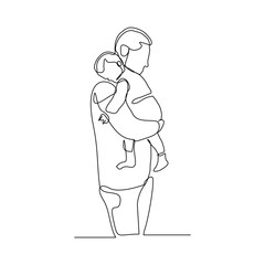 Continuous single line drawing of happy dad with baby kids newborn toddler. Vector illustration sketch editable stroke