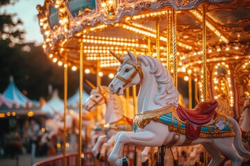 Carousel with White Unicorns and Festive Lights at Sunset
